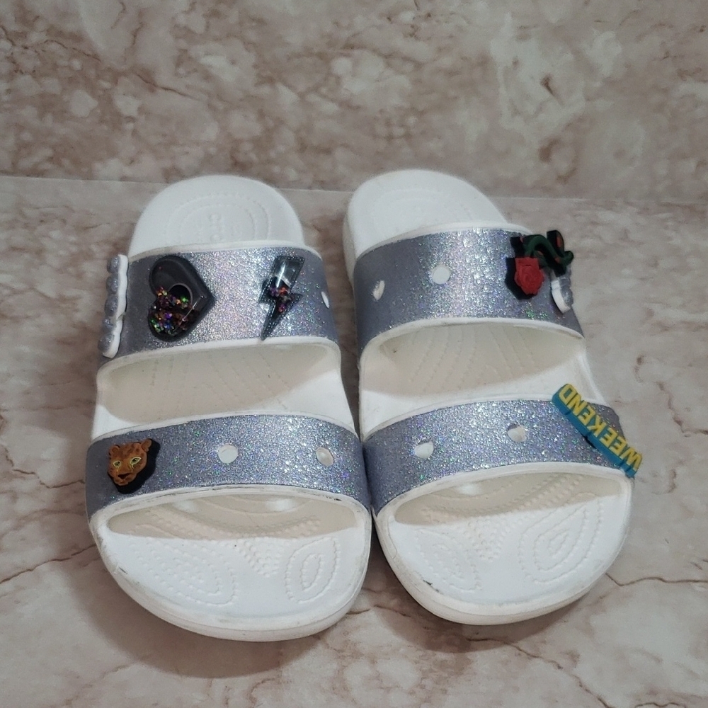 Crocs Glittery Silver and White Slide Sandals 9